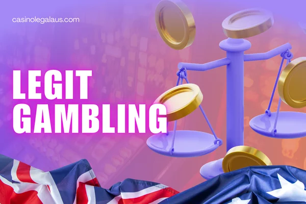 scales and coins, website name, australian flag on casino background