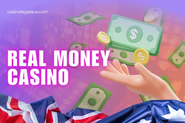 hand with money, website name, australian flag on casino background