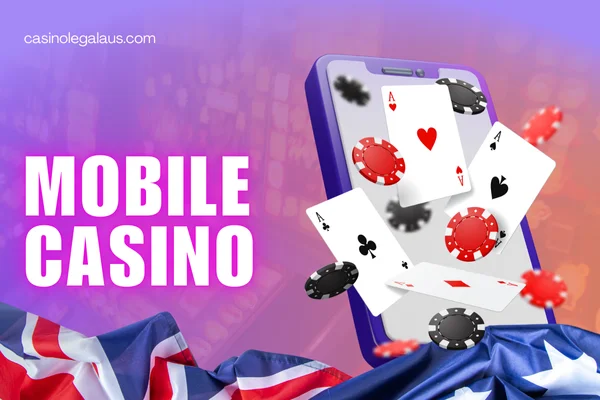 mobile with poker cards, website name, australian flag on casino background