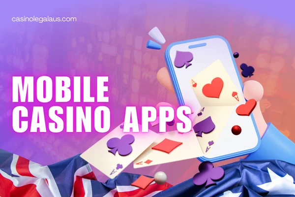 mobile with cards and poker chips, website name, australian flag on casino background