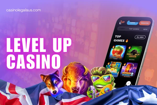 mobile with level up casino, website name, australian flag on casino background