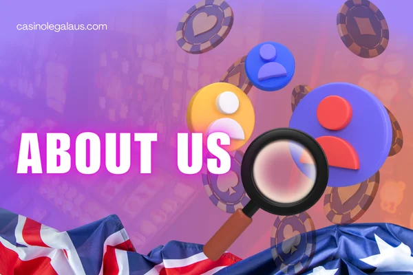magnifier and avatars, website name, australian flag on casino background